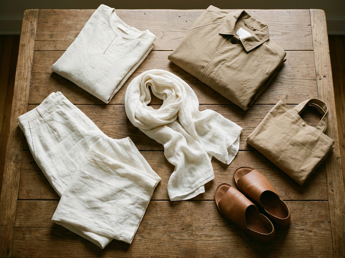 Javier's Morocco kit — linen travel clothing and accessories flat lay on dark wood surface